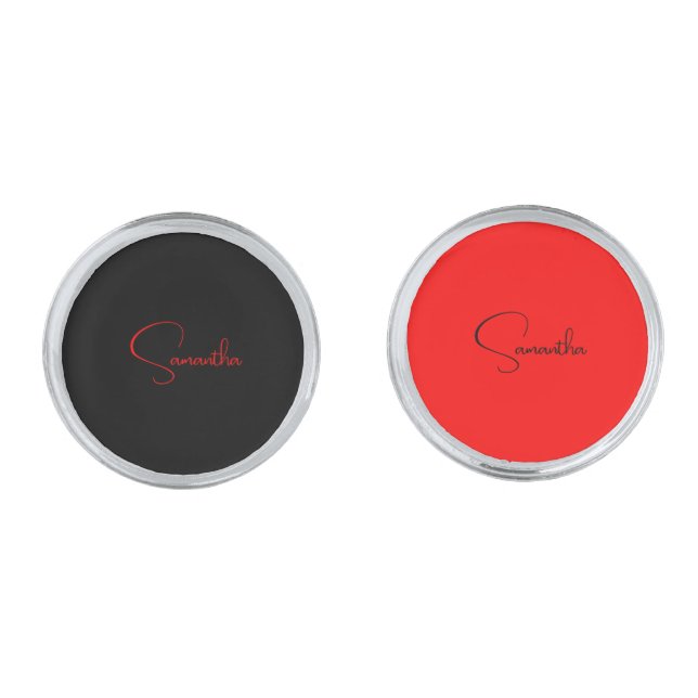 Black Red Your Name Minimalist Modern Calligraphy Cufflinks (Front)