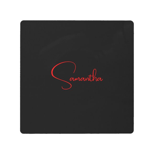 Black Red Your Name Minimalist Modern Calligraphy Metal Print (Front)