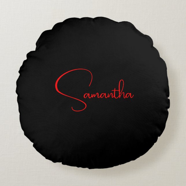 Black Red Your Name Minimalist Modern Calligraphy Round Pillow (Front)