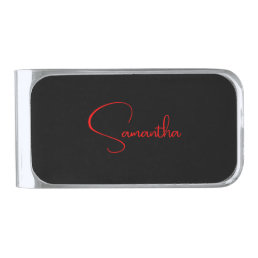 Black Red Your Name Minimalist Modern Calligraphy Silver Finish Money Clip