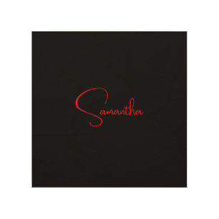 Black Red Your Name Minimalist Modern Calligraphy Wood Wall Art