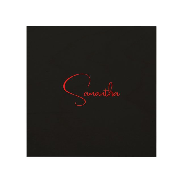 Black Red Your Name Minimalist Modern Calligraphy Wood Wall Art (Front)