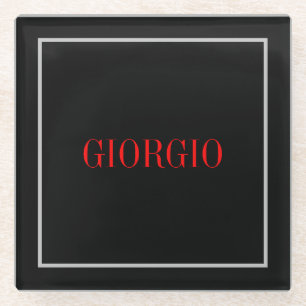 Black Red Your Name Minimalist Personal Modern Glass Coaster