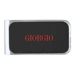 Black Red Your Name Minimalist Personal Modern Silver Finish Money Clip