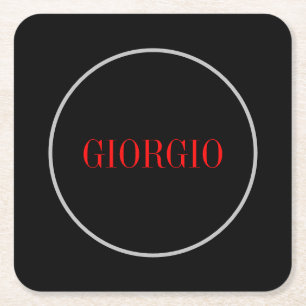 Black Red Your Name Minimalist Personal Modern Square Paper Coaster