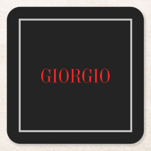 Black Red Your Name Minimalist Personal Modern Square Paper Coaster
