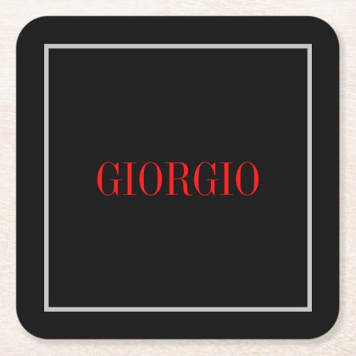 Black Red Your Name Minimalist Personal Modern Square Paper Coaster