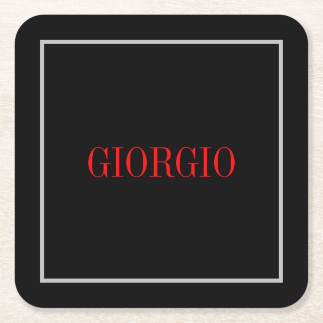 Black Red Your Name Minimalist Personal Modern Square Paper Coaster (Front)