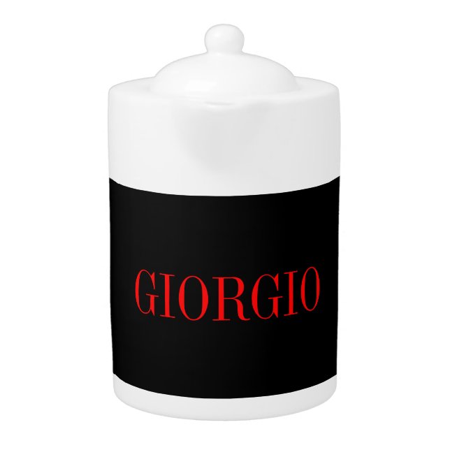Black Red Your Name Minimalist Personal Modern Teapot (Front)