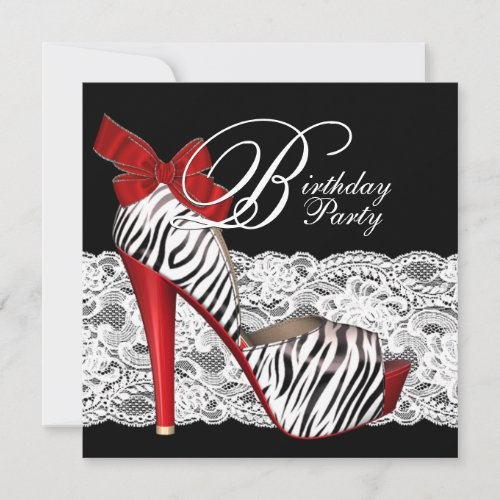 Black Red Zebra Birthday Party Invitations