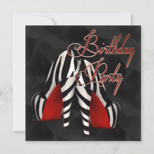 Black Red Zebra High Heel Shoe Birthday Party Personalized Invites
