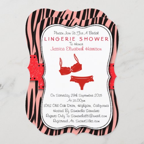 Black  Red Zebra Print Bracket Lingerie Shower Invitation