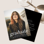 Black | Refined Photo Graduation Party Invitation<br><div class="desc">Simple graduation party invitation featuring the graduate's vertical photo with "graduate" displayed in white modern lettering. Personalize the photo graduation party invite by adding the graduate's name,  school name,  and graduation year. The invite reverses to display your graduation party details with a black background.</div>