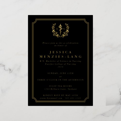 Black Registered Nurse Asclepius  Laurel Wreath Foil Invitation