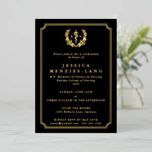 Black Registered Nurse Asclepius + Laurel Wreath Foil Invitation