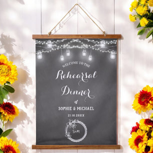 Black Rehearsal Dinner Welcome String Lights Hanging Tapestry