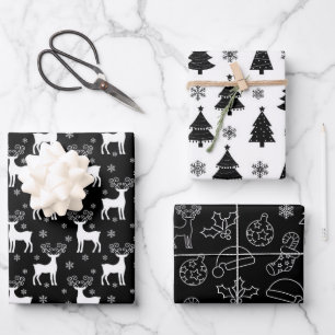 Black Reindeer, Christmas Tree and Holiday Pattern Wrapping Paper Sheets