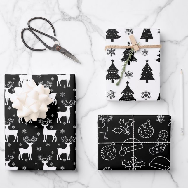 Black Reindeer, Christmas Tree and Holiday Pattern Wrapping Paper Sheets (Front)