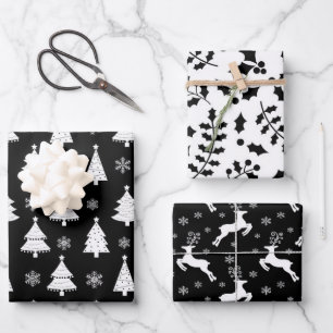 Black Reindeer, Christmas Tree and Holly Patterns Wrapping Paper Sheets