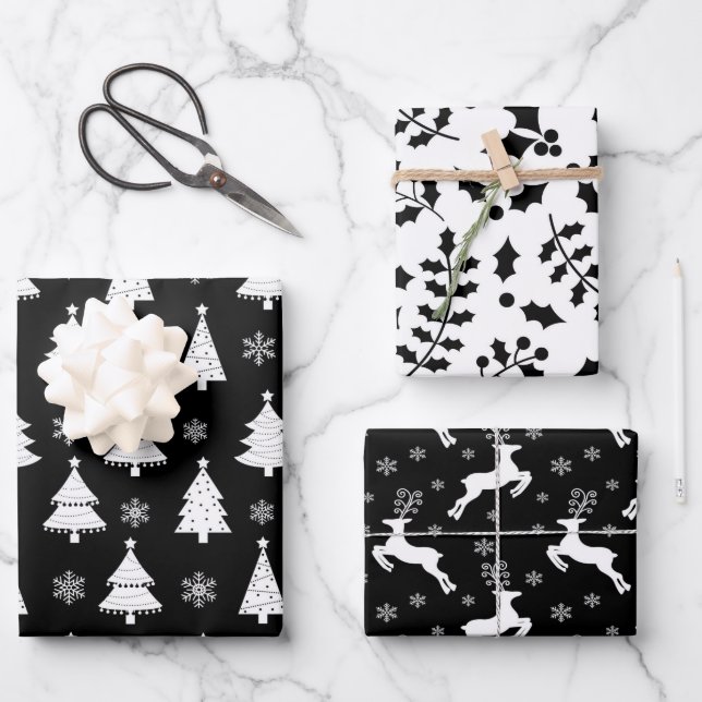 Black Reindeer, Christmas Tree and Holly Patterns Wrapping Paper Sheets (Front)