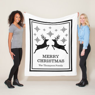 Black Reindeers And Snowflakes Merry Christmas Fleece Blanket