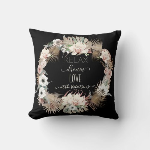 Black Relax Dream Love Seaside Beach Palm Floral Throw Pillow