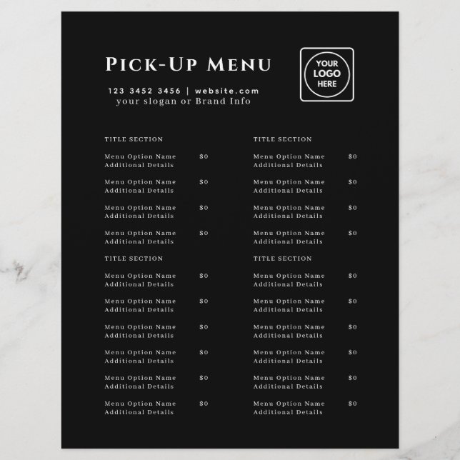 Black Restaurant Takeout Menu Flyer | Custom Logo  (Front)