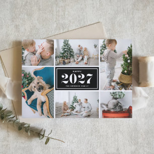 Black Retro 2027 Six Photo Collage New Year Holiday Card