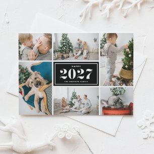 Black Retro 2027 Six Photo Collage New Year Holiday Postcard