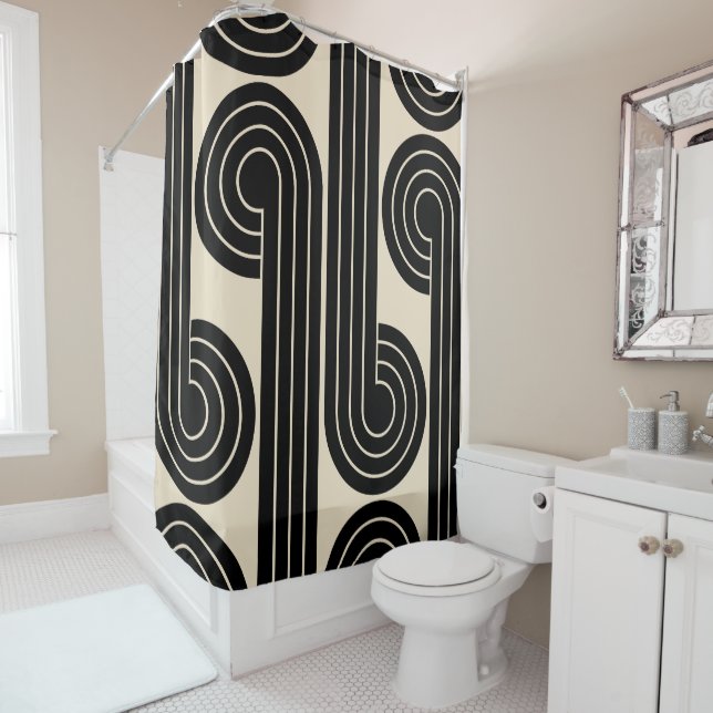 Black Retro Abstract Lines  Shower Curtain (In Situ)