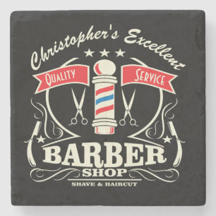 Black Retro Barbershop Mens Stylist Monogram Stone Coaster