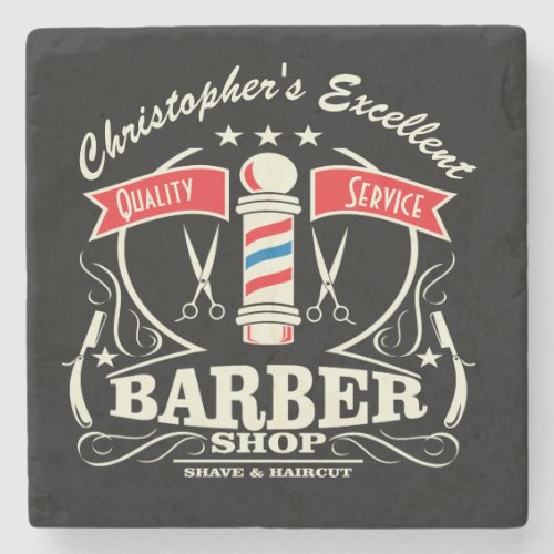 Black Retro Barbershop Mens Stylist Monogram Stone Coaster