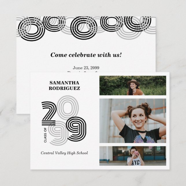 Black Retro Big Numbers 3-Photo Graduation Invitation (Front/Back)