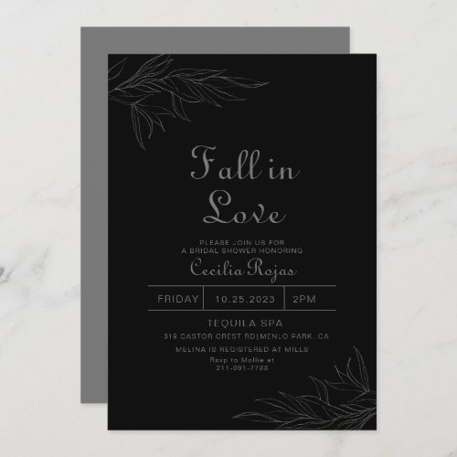 Black Retro Boho Leaf Fall in Love Bridal shower  Invitation