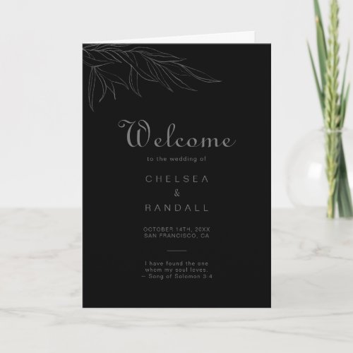 Black Retro Boho Leaf Folded Wedding  Program