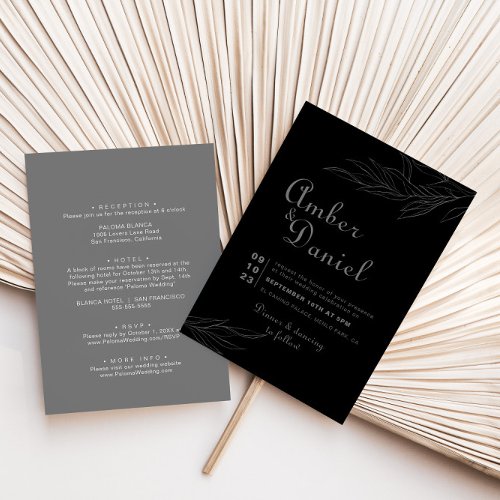 Black Retro Boho Leaf Front and Back Wedding  Invitation