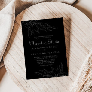 Black Retro Boho Leaf Nuestra Boda Wedding Invitation