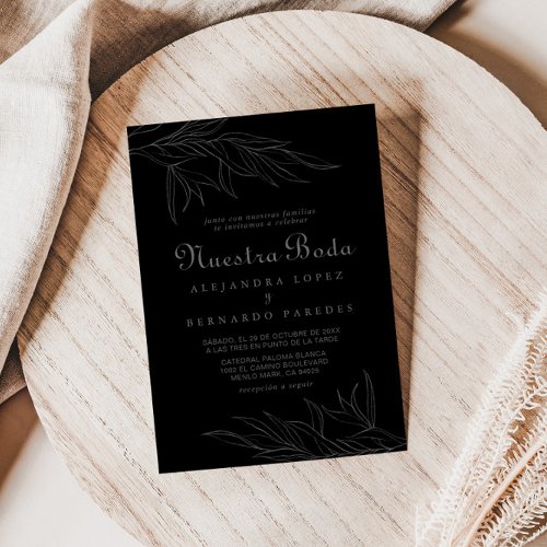 Black Retro Boho Leaf Nuestra Boda Wedding Invitation