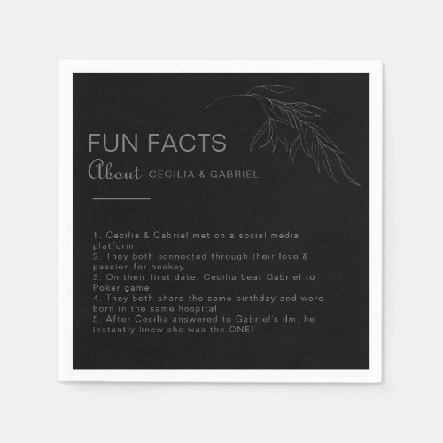 Black Retro Boho Leaf Trivia Fun Facts Wedding  Napkins