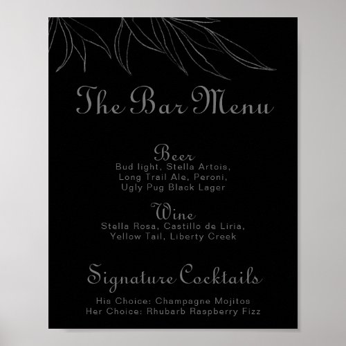 Black Retro Boho Leaf Wedding Bar Menu  Poster