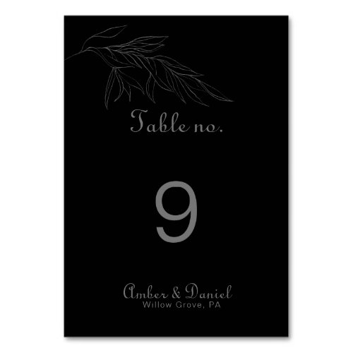 Black Retro Boho Leaf Wedding Table Number