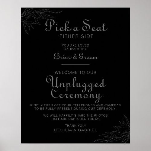 Black Retro Boho Leaf Wedding Unplugged Ceremony  Poster