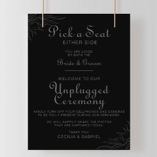Black Retro Boho Leaf Wedding Unplugged Ceremony Poster