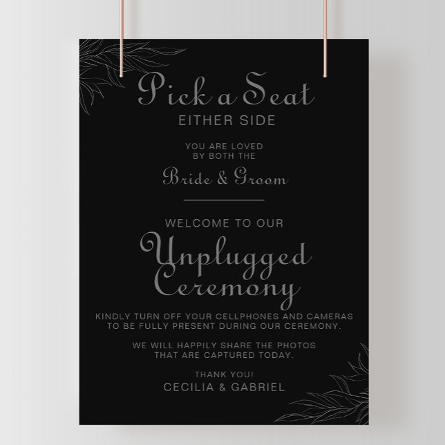 Black Retro Boho Leaf Wedding Unplugged Ceremony  Poster (Creator Uploaded)