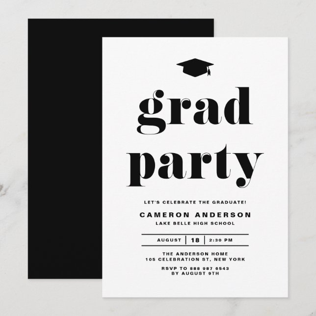 Black Retro Bold Typography Graduation Party Invitation (Front/Back)