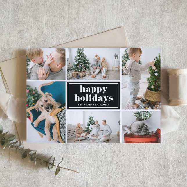 Black Retro Bold Typography Photo Collage Holiday Card (Customizable photo collage happy holidays card featuring retro typography and a black background.)