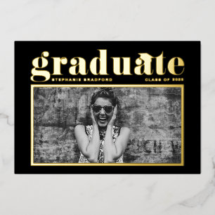 Black Retro Bold Typography Photo Graduation Foil Invitation
