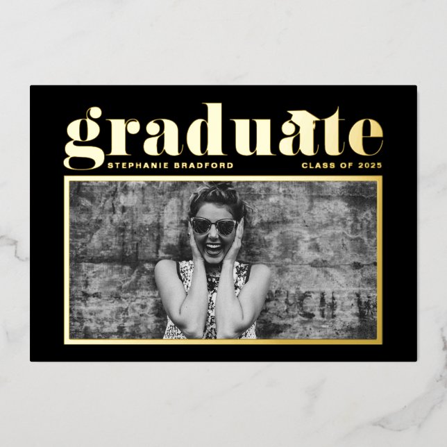 Black Retro Bold Typography Photo Graduation Foil Invitation (Front)
