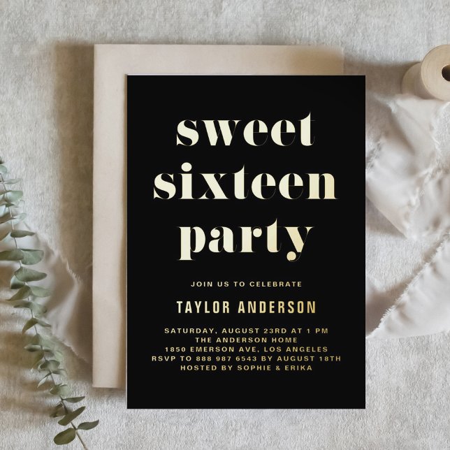 Black Retro Bold Typography Sweet 16 Birthday Foil Invitation (Creator Uploaded)