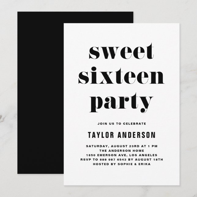 Black Retro Bold Typography Sweet 16 Birthday Invitation (Front/Back)
